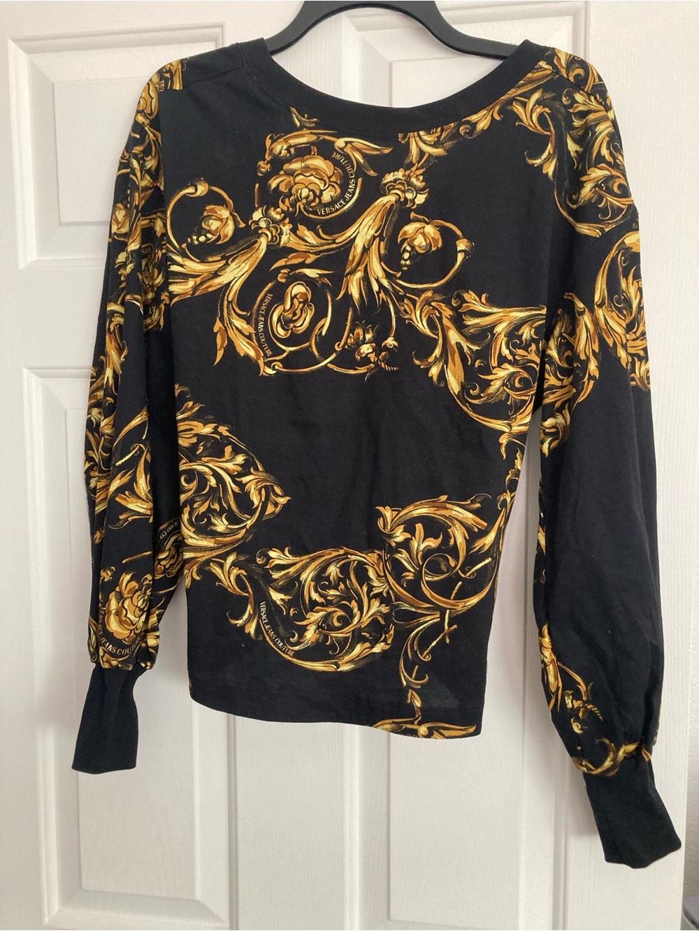 Versace jeans couture Tee Black Long-Sleeve Top with Gold Baroque Print